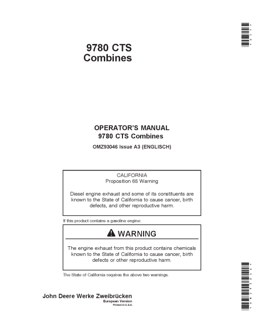 John Deere 9780 CTS Combines OMZ93046 Operation and Maintenance manual PDF Download