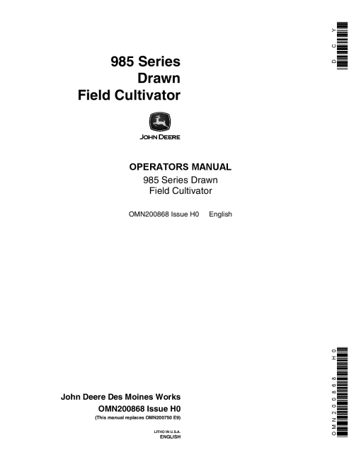 John Deere 985 Series Drawn Field Cultivator OMN200868 Operation and Maintenance manual PDF Download