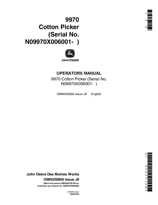 John Deere 9970 Cotton Picker 006001 OMN200856 Operation and Maintenance manual PDF Download
