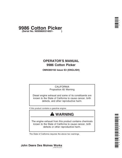 John Deere 9986 Cotton Picker 014001 OMN300192 Operation and Maintenance manual PDF Download