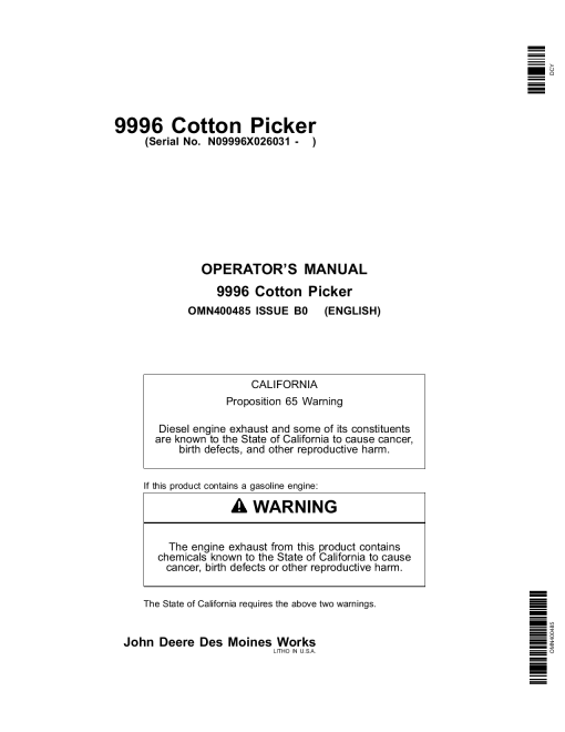 John Deere 9996 Cotton Picker 026031 OMN400485 Operation and Maintenance manual PDF Download