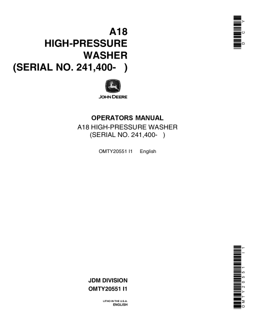 John Deere A18 High Pressure Washer OMTY20551 Operation and Maintenance manual PDF Download