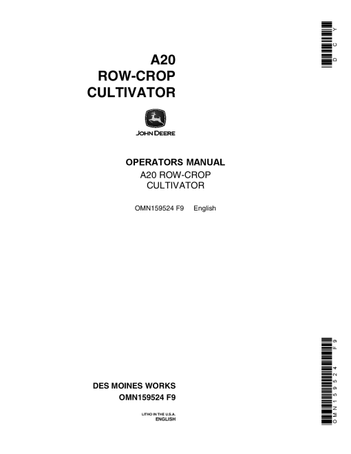 John Deere A20 Row Crop Cultivator 00187 OMN159524 Operation and Maintenance manual PDF Download