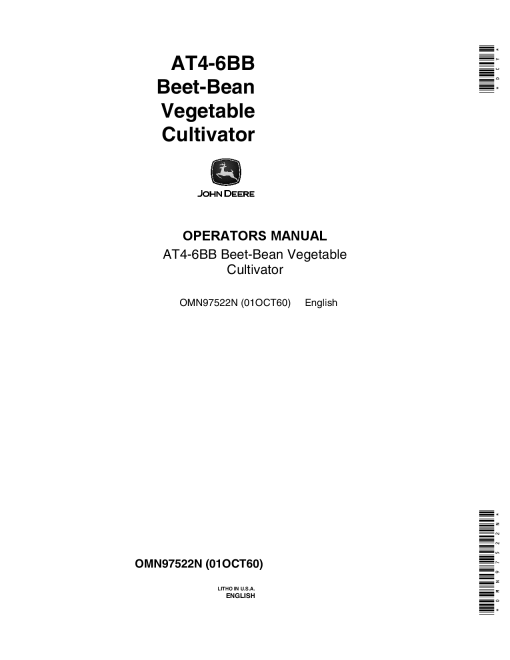 John Deere AT4 6BB Beet Bean Vegetable Cultivator OMN97522N Operation and Maintenance manual PDF Download