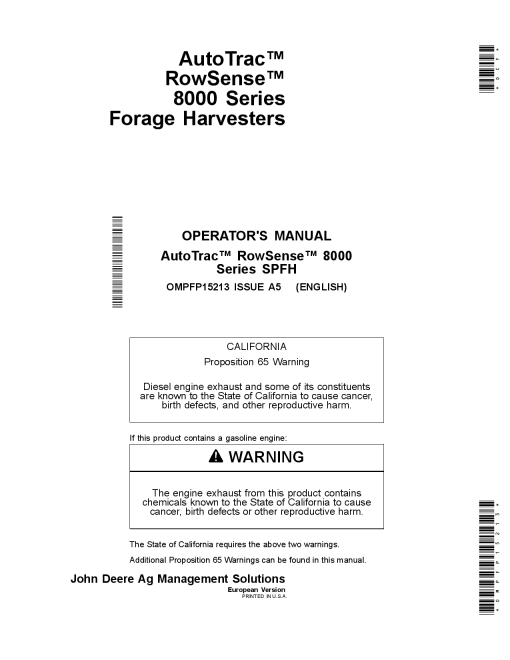 John Deere AutoTrac RowSense 8000 Series Self Propelled OMPFP15213 Operation and Maintenance manual PDF Download