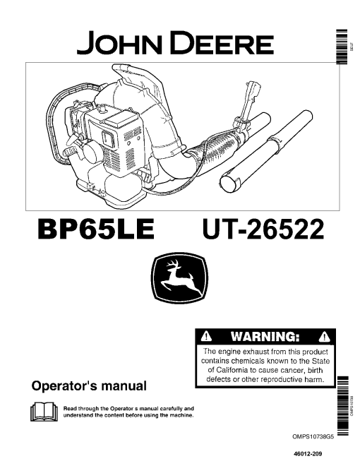 John Deere BP65LE Power Blower UT26522 OMPS10738 Operation and Maintenance manual PDF Download