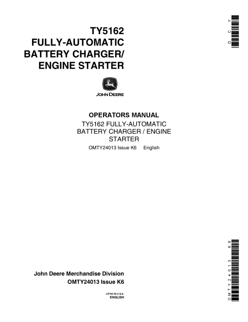 John Deere Battery Charger TY5162 OMTY24013 Operation and Maintenance manual PDF Download