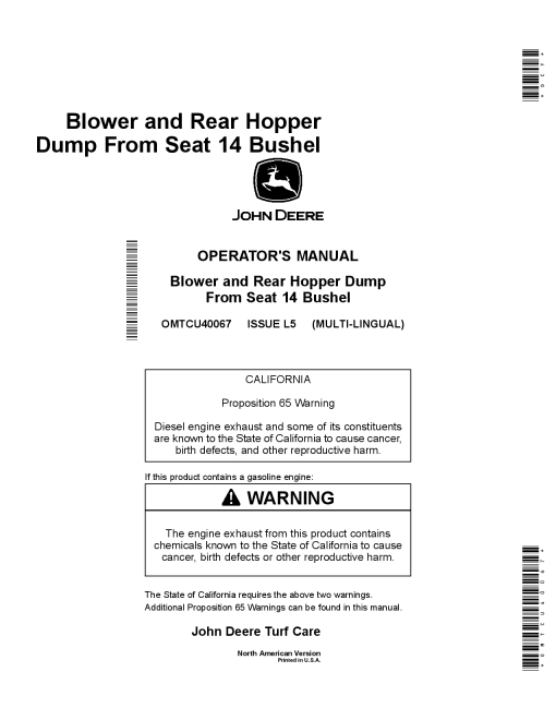 John Deere Blower 080001 Rear Hopper Dump 025001 from Seat 14 Bushel North American Edition OMTCU40067 Operation and Maintenance manual PDF Download
