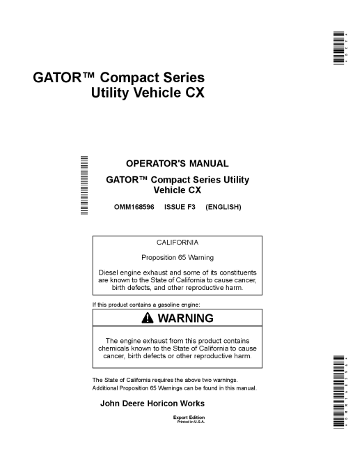 John Deere CX Gator Utility Vehicle OMM168596 Operation and Maintenance manual PDF Download