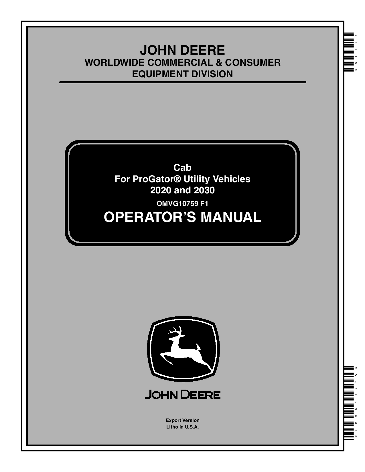 John Deere Cab For 2020 2030 ProGator Utility Vehicle OMVG10759 Operation and Maintenance manual PDF Download