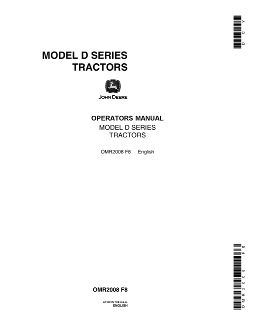 John Deere D Tractor OMR2008 Operation and Maintenance manual PDF Download