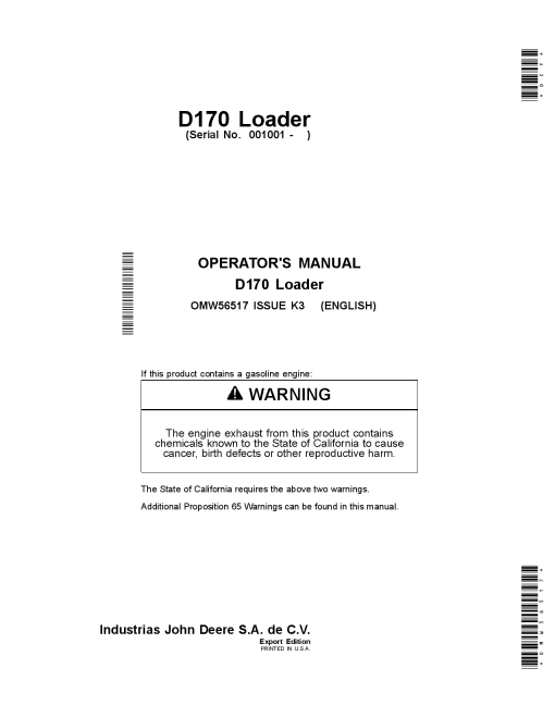 John Deere D170 Loader 001001 Export OMW56517 Operation and Maintenance manual PDF Download