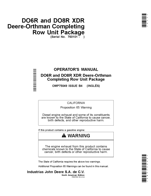 John Deere DO6R D08R XDR Deere Orthman Planters Completing Row Unit Package North American Edition 760101 OMP75049 Operation and Maintenance manual PDF Download