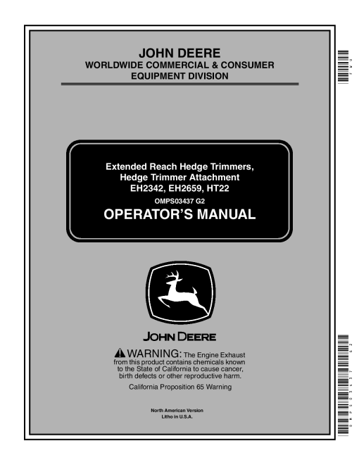 John Deere Extended Reach HedgeTrimmers Hedge Trimmer Attachments EH2342UT18053 EH2659 UT18054 HT22 OMPS03437 Operation and Maintenance manual PDF Download