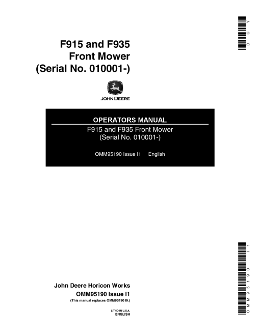 John Deere F915 Front Mower OMM95190 Operation and Maintenance manual PDF Download