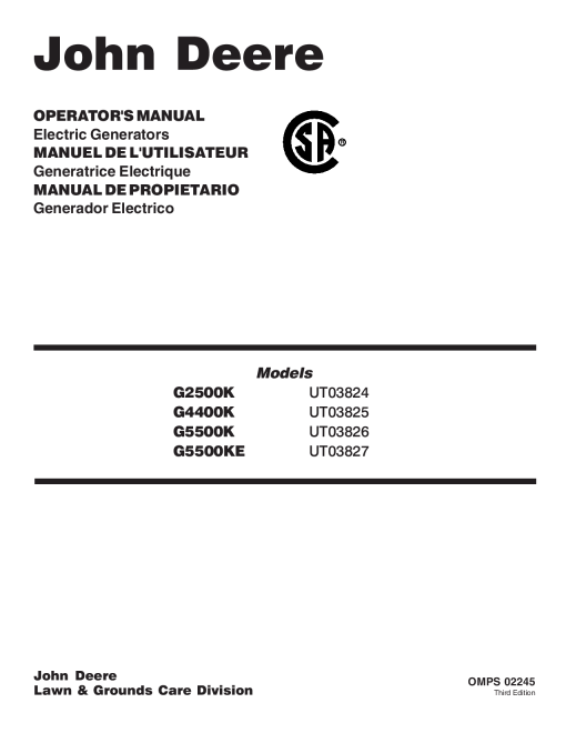 John Deere G2500K G4400K G5500K G5500KE Electric Generators OMPS02245 Operation and Maintenance manual PDF Download