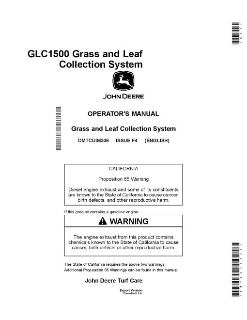 John Deere GLC1500 Grass Leaf Collection System OMTCU36336 Operation and Maintenance manual PDF Download