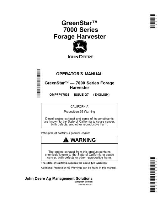 John Deere GreenStar 7000 Series Forage Harvesters OMPFP17836 Operation and Maintenance manual PDF Download