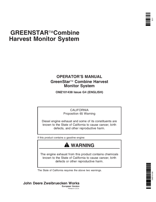 John Deere GreenStar Combine Harvest Monitor Systems OMZ101438 Operation and Maintenance manual PDF Download