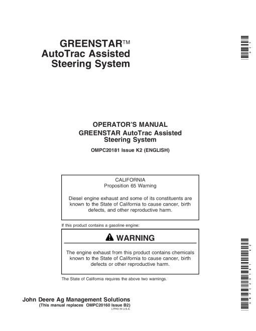 John Deere Greenstar AutoTrac Assisted Steering System Worldwide Edition OMPC20181 Operation and Maintenance manual PDF Download