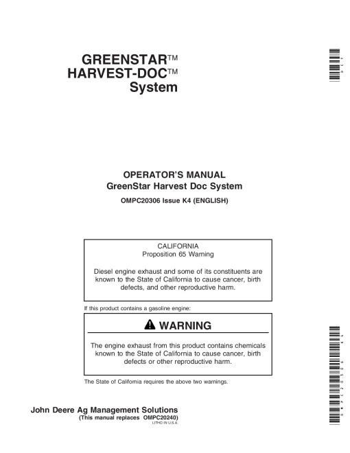 John Deere Greenstar Harvest Doc Combine System OMPC20306 Operation and Maintenance manual PDF Download
