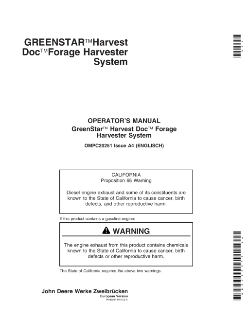 John Deere Greenstar Harvest Doc Forage Harvester System OMPC20251 Operation and Maintenance manual PDF Download