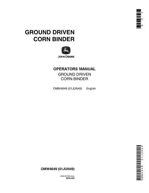 John Deere Ground Driven Corn Binder OMW4649 Operation and Maintenance manual PDF Download