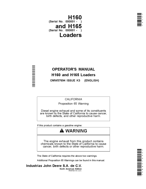 John Deere H160 H165 Loaders OMW57694 Operation and Maintenance manual PDF Download