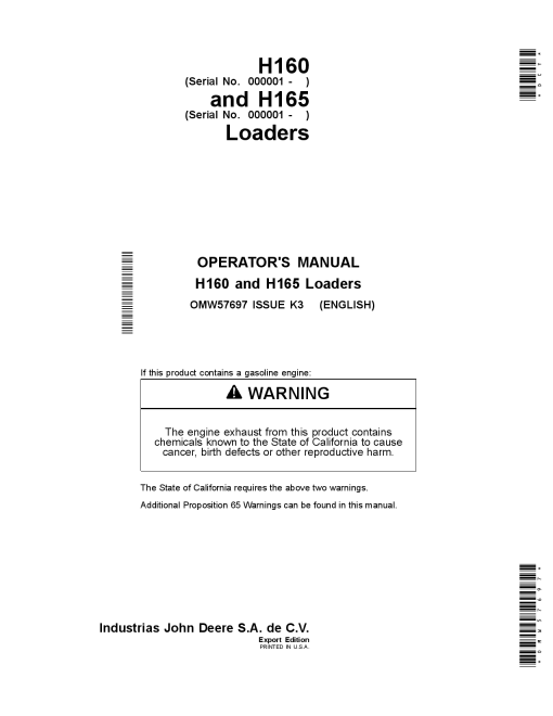John Deere H160 H165 Loaders OMW57697 Operation and Maintenance manual PDF Download