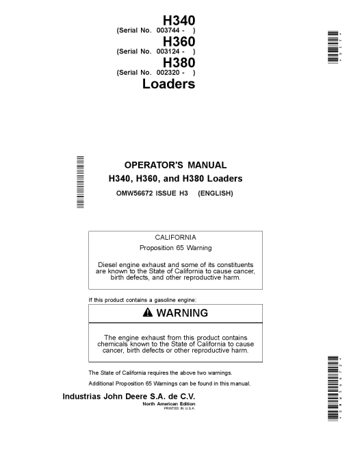 John Deere H360 Loaders 003124 OMW56672 Operation and Maintenance manual PDF Download