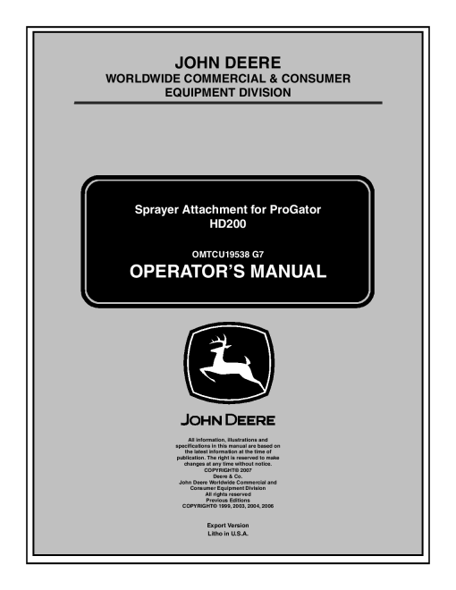 John Deere HD200 Sprayer Attachment Export Edition 035101 050000 OMTCU19538 Operation and Maintenance manual PDF Download