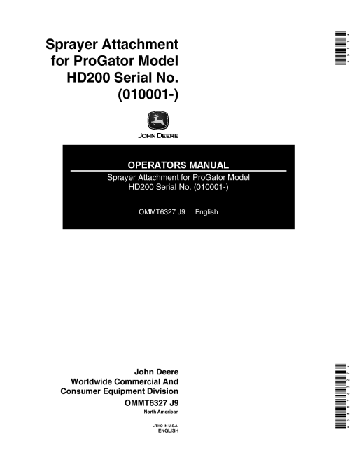 John Deere HD200 Sprayer Attachment North American Edition 010001 30000 OMMT6327 Operation and Maintenance manual PDF Download