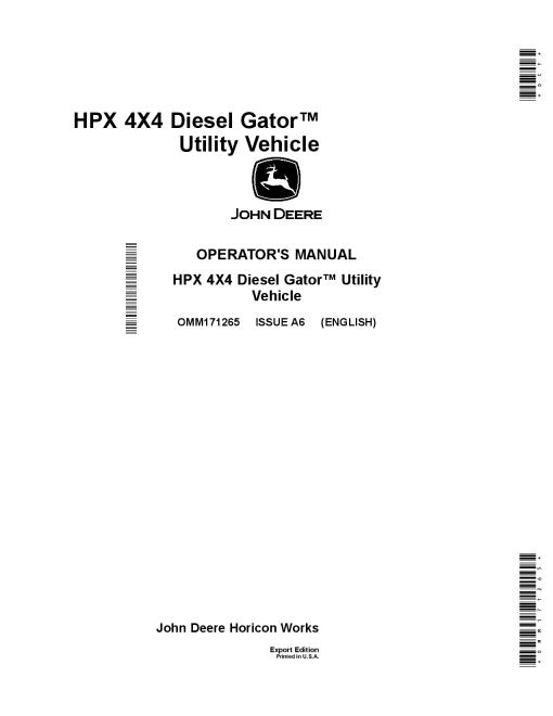 John Deere HPX 4x4 Diesel Gator Utility Vehicle Export Edition 120001 OMM171265 Operation and Maintenance manual PDF Download