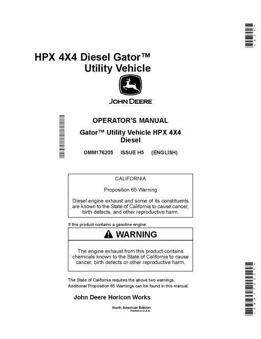 John Deere HPX 4x4 Gator Utility Vehicle Diesel North American Edition 140001 OMM176205 Operation and Maintenance manual PDF Download
