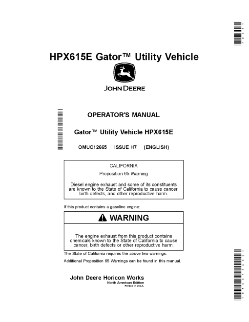 John Deere HPX615E Gator Utility Vehicle OMUC12665 Operation and Maintenance manual PDF Download