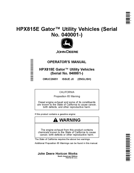 John Deere HPX815E Gator Utility Vehicles 040001 OMUC26651 Operation and Maintenance manual PDF Download