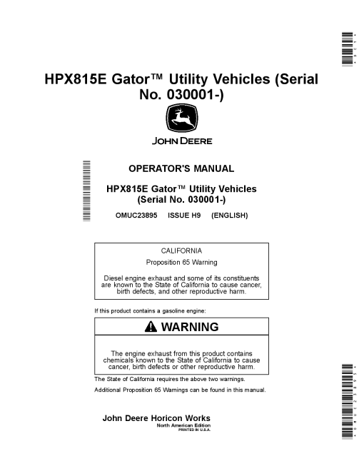 John Deere HPX815E Gator Utility Vehicles OMUC23895 Operation and Maintenance manual PDF Download