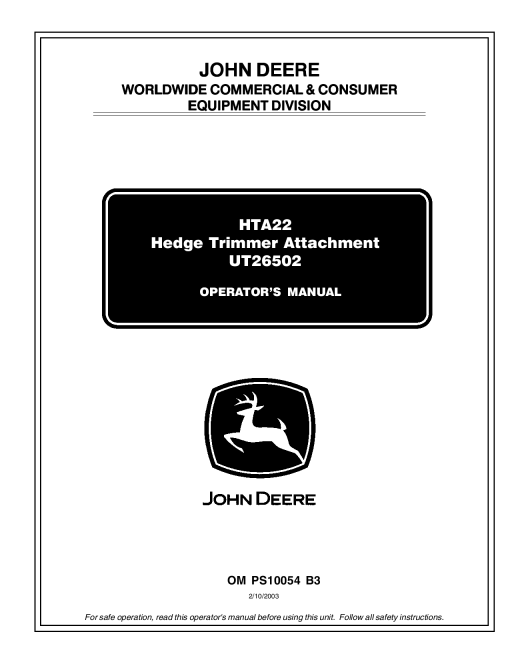 John Deere HTA22 Hedge Trimmer Attachment OMPS10054 Operation and Maintenance manual PDF Download