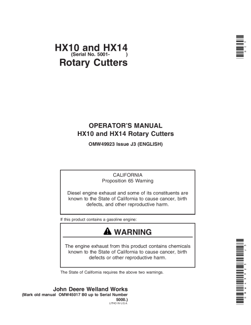 John Deere HX10 Rotary Cutters 005001 006099 HX14 Rotary Cutters 005001 005899 North American Edition OMW49923 Operation and Maintenance manual PDF Download