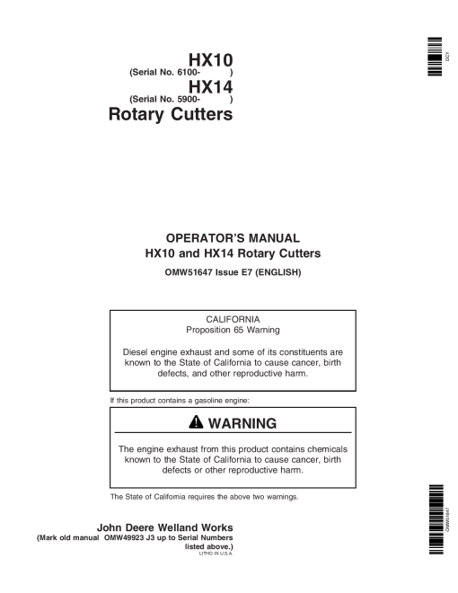John Deere HX10 Rotary Cutters 006100 008599 HX14 Rotary Cutters 005900 007899 North American Edition OMW51647 Operation and Maintenance manual PDF Download