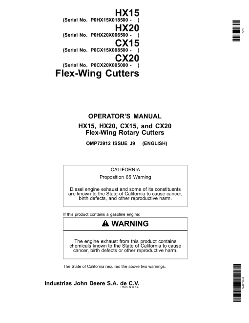 John Deere HX15 HX20 CX15 020 Flex Wing Rotary Cutters OMP73912 Operation and Maintenance manual PDF Download