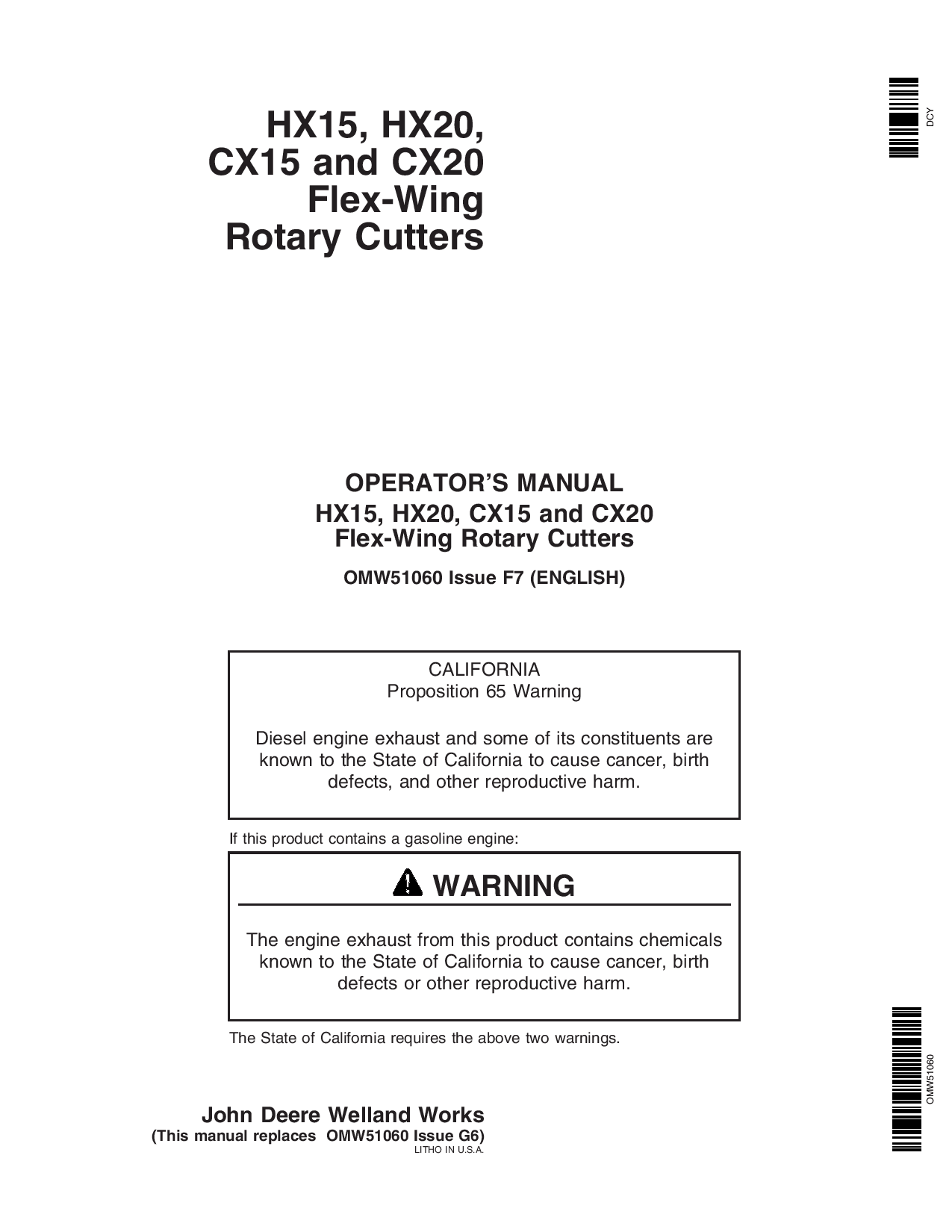 John Deere HX15 HX20 CX15 CX20 Flex Wing Rotary Cutters OMW51060 Operation and Maintenance manual PDF Download