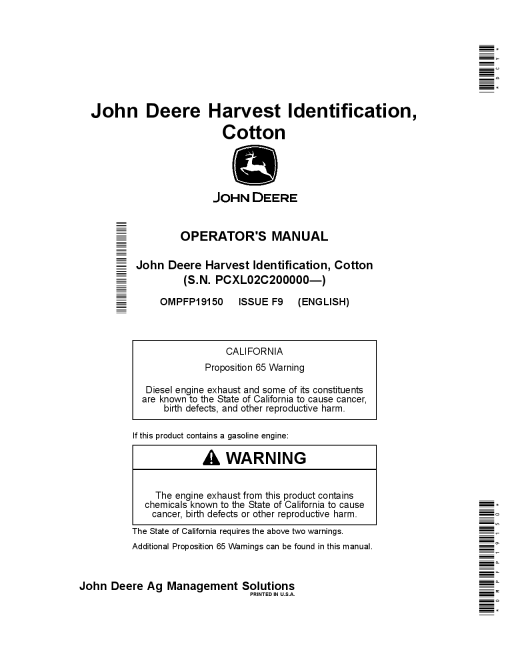 John Deere Harvest Identification Cotton OMPFP19150 Operation and Maintenance manual PDF Download