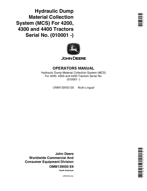 John Deere Hydraulic Dump Material Collection System 010001 OMM139550 Operation and Maintenance manual PDF Download