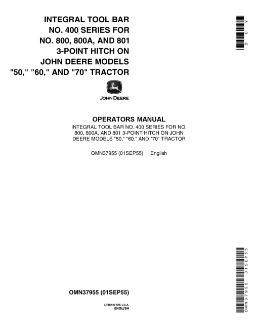 John Deere Integral Tool Bar No. 400 Series OMN37955 Operation and Maintenance manual PDF Download
