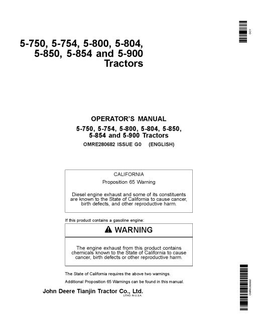 John Deere JD5 750 JD5 754 JD5 800 JD5 804 JDS 850 JDS 854 and JD5 900 Tractors OMRE280682 Operation and Maintenance manual PDF Download