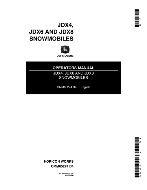 John Deere JDX4 JSX6 JDX8 Snowmobiles 030001 OMM65274 Operation and Maintenance manual PDF Download