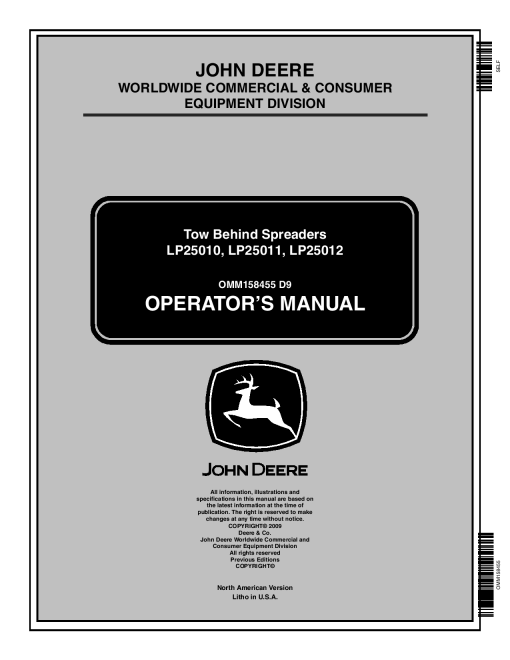 John Deere LP25010 LP25011 LP25012 Broadcast Spreader OMM158455 Operation and Maintenance manual PDF Download