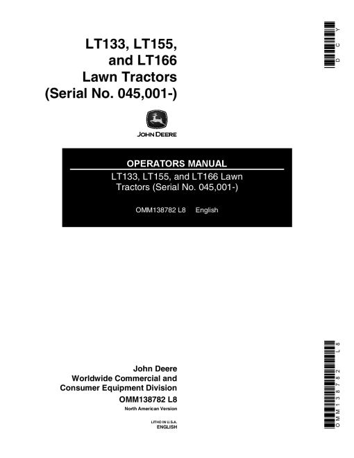John Deere LT133 LT155 LT166 Lawn Tractors North American Edition 045001 085000 OMM138782 Operation and Maintenance manual PDF Download