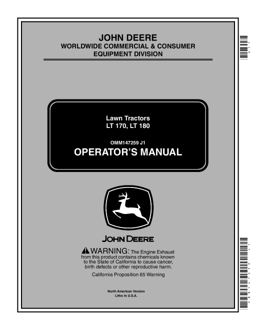 John Deere LT170 LT180 010001 I Lawn Tractors OMM147259 Operation and Maintenance manual PDF Download
